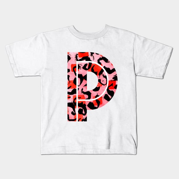 Abstract Letter P Watercolour Leopard Print Alphabet Red Kids T-Shirt by Squeeb Creative